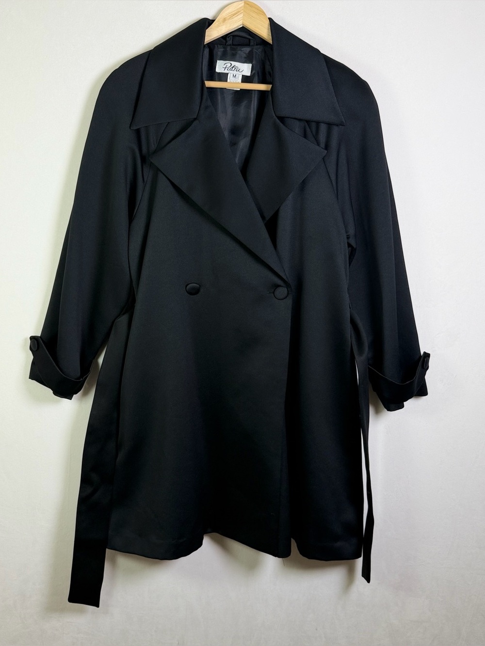 Patra Womens Sz M Black Satin Trench Coat Belted Duster 80s 90s Made USA Vintage - Picture 3 of 7